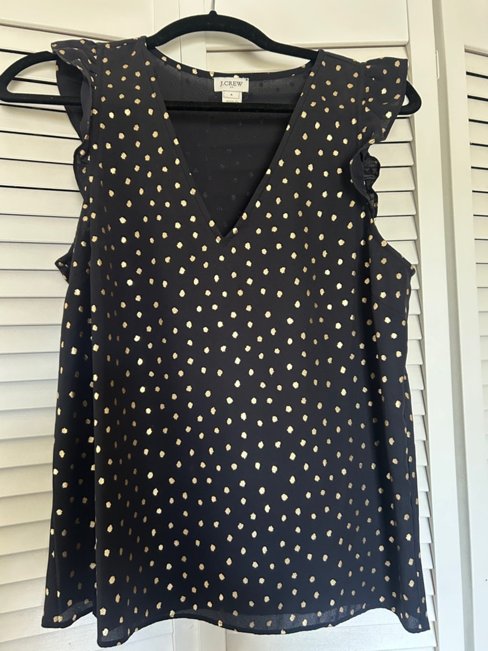 J. Crew Black V-Neck Sleeveless Top with Gold Dot Print